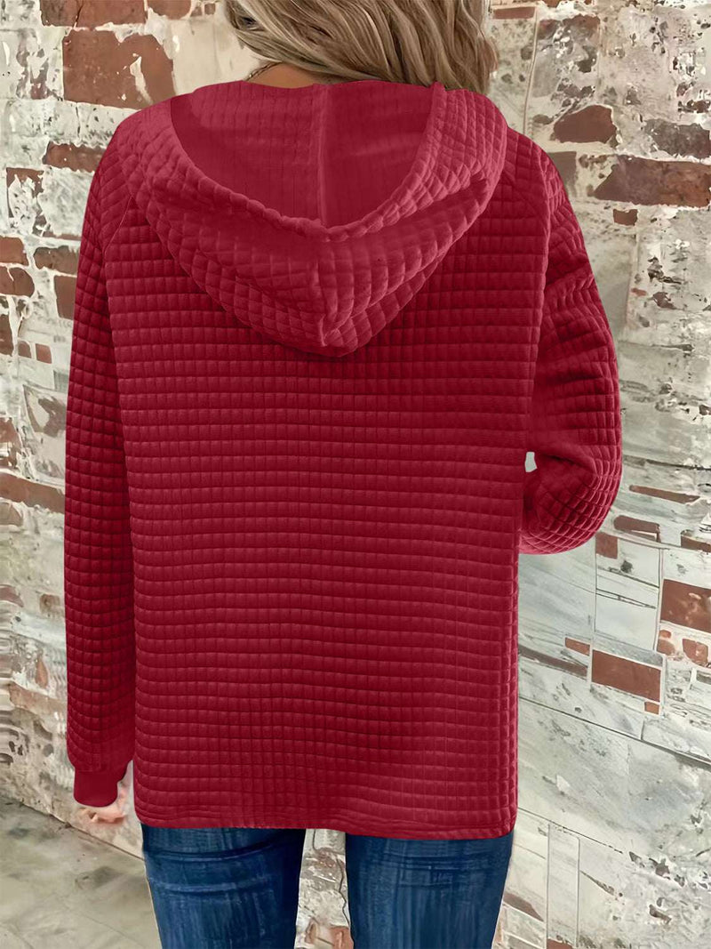 Full Size Texture Button Detail Drawstring Long Sleeve Hoodie in red
