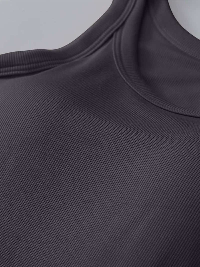 Black round neck tank with built-in bra, moderate stretch, viscose and spandex blend.