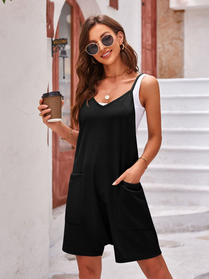 Lovelet Spaghetti Strap Romper with Pockets, black, polyester-cotton blend.