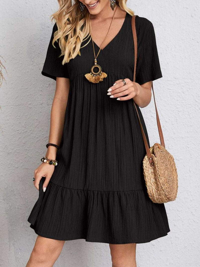 Full-size V-neck short sleeve black dress with basic style, no stretch, made of 100% polyester.