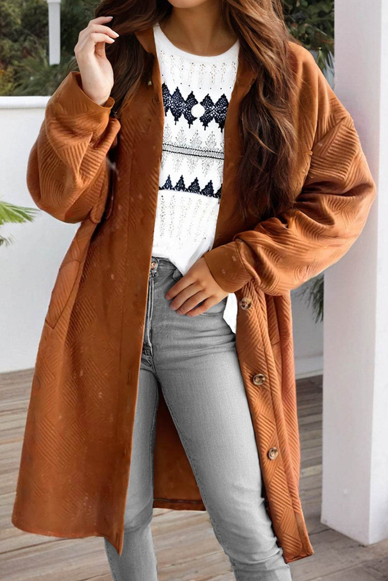 Textured button-down collared neck coat for women, stylish and warm outerwear.