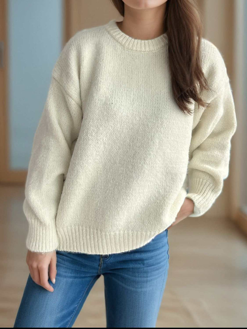 Round Neck Long Sleeve Sweater in white, cozy and stylish, perfect for layering.