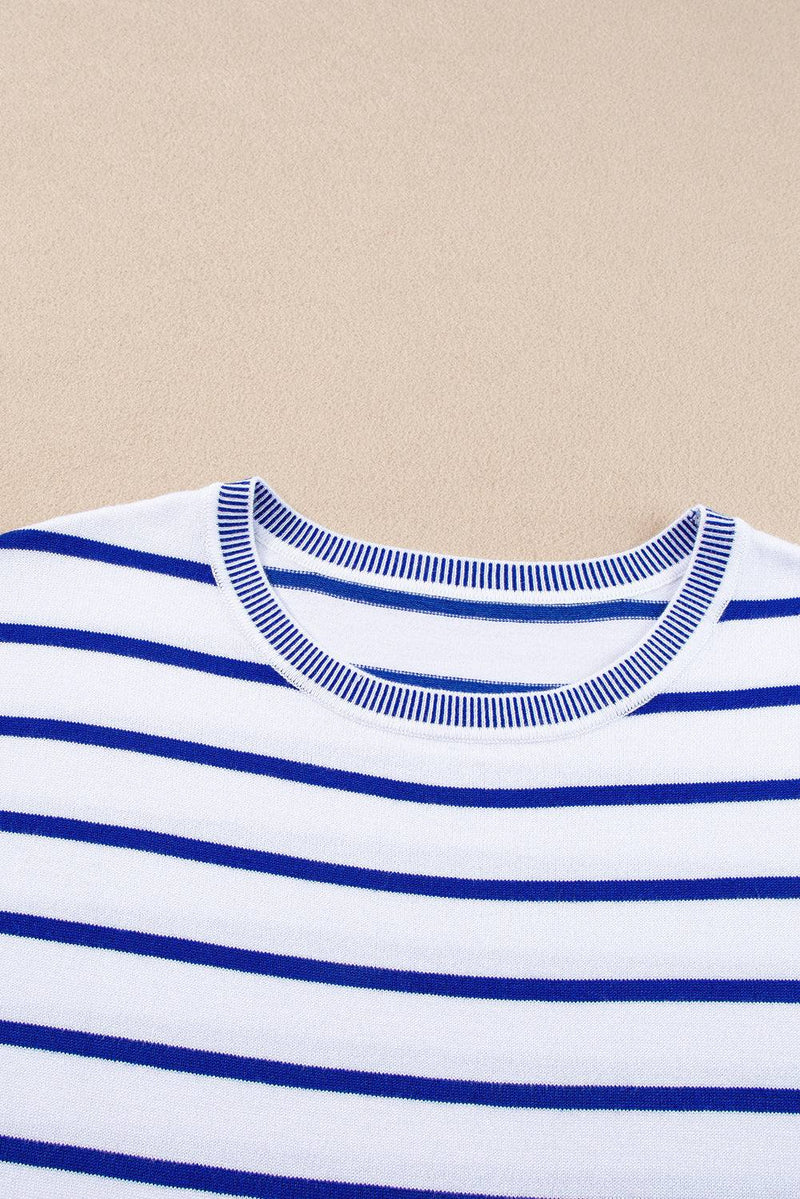 Striped round neck cap sleeve knit top.