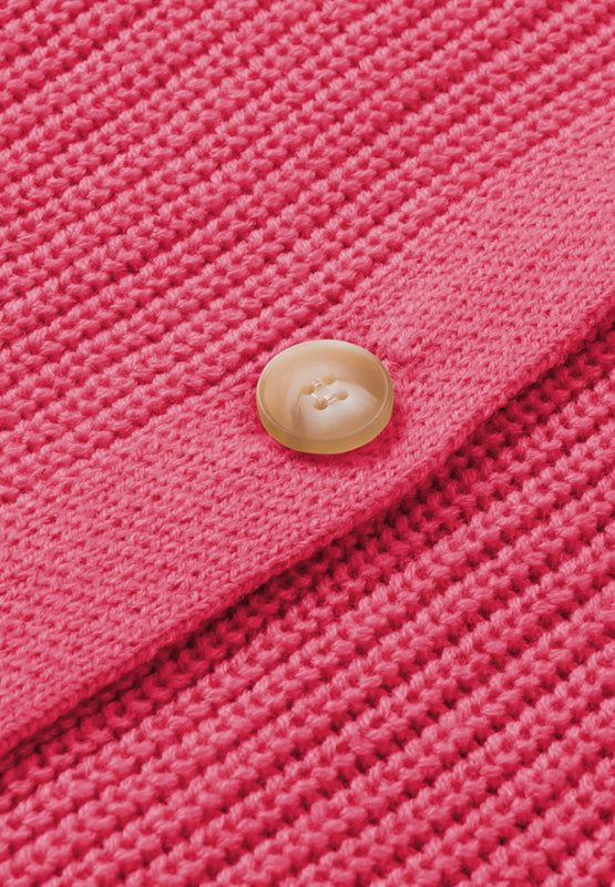 Openwork V-Neck Button Up Cardigan in pink, showing detailed button and knit texture.