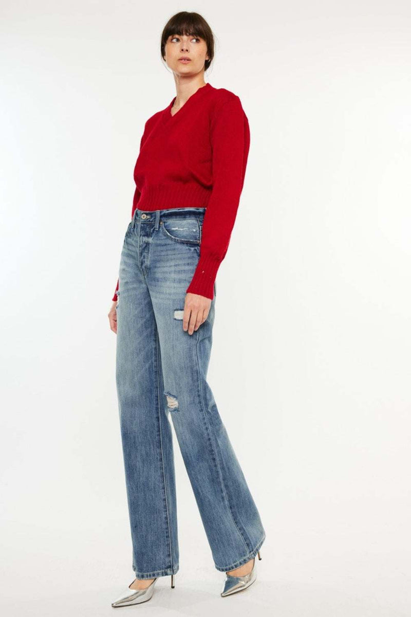 Kancan Distressed High Waist Bootcut JeansThe distressed high-rise bootcut jeans showcased a retro-chic style. Wear yours with a simple T-shirt or slim top for an elegant and casual look. Whether you're wearBottomsTrendsiKlondike Creek Unique BoutiqueKancan Distressed High Waist Bootcut Jeans