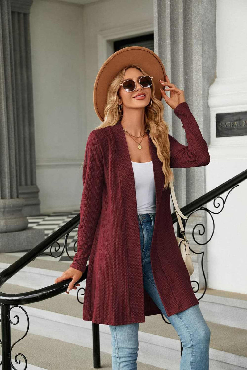 Casual long sleeve open front cardigan in solid color, featuring a slightly stretchy fabric with a blend of rayon, polyester, and spandex.