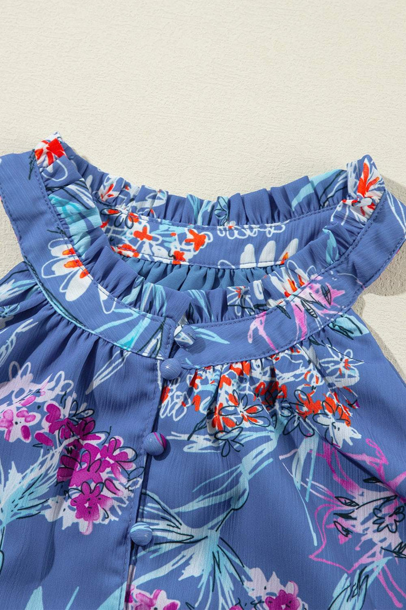 Floral frill printed Grecian tank with button details.