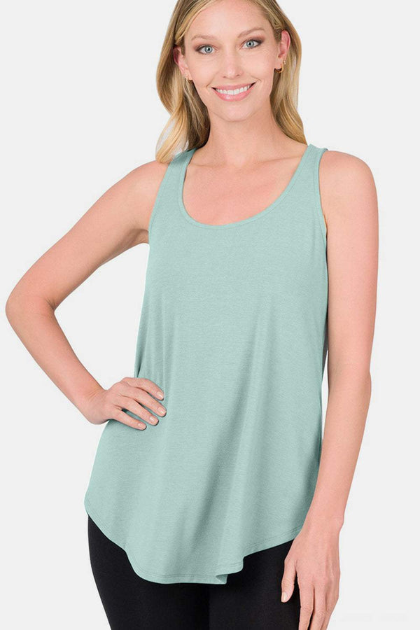 Zenana Round Neck Curved Hem Tank in mint green, casual fit.