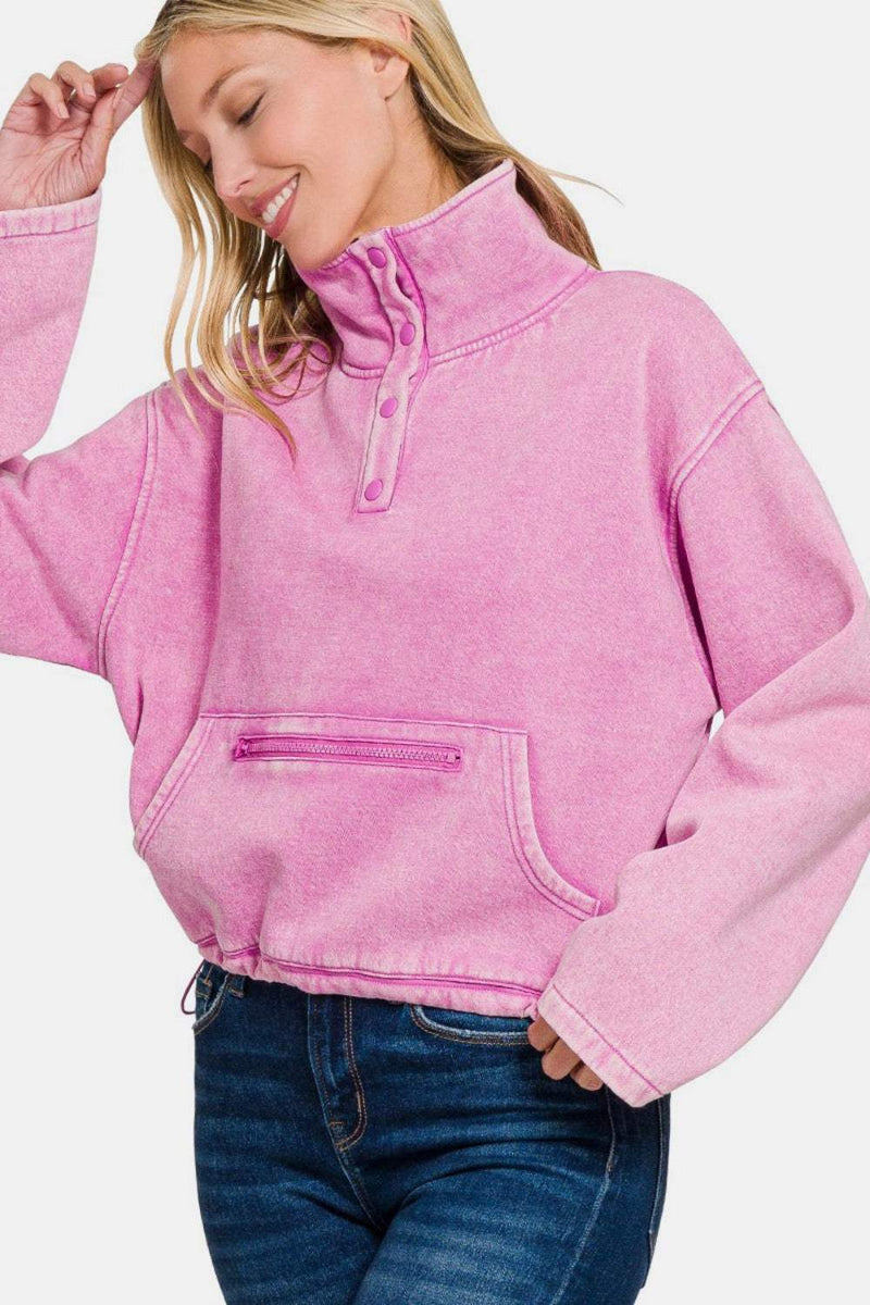 Zenana Acid Wash Fleece Half Snap Sweatshirt with Kangaroo Pocket in Pink