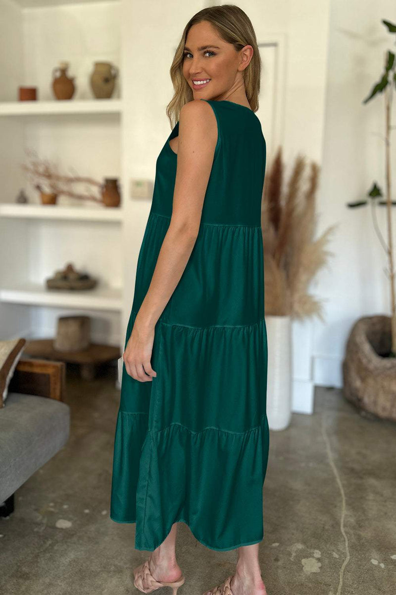 FAM-FAM V-neck sleeveless midi tiered dress in green, slightly stretchy polyester-spandex.