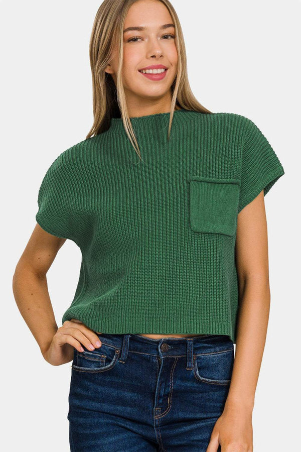 Zenana mock neck short sleeve cropped sweater in green knit fabric.