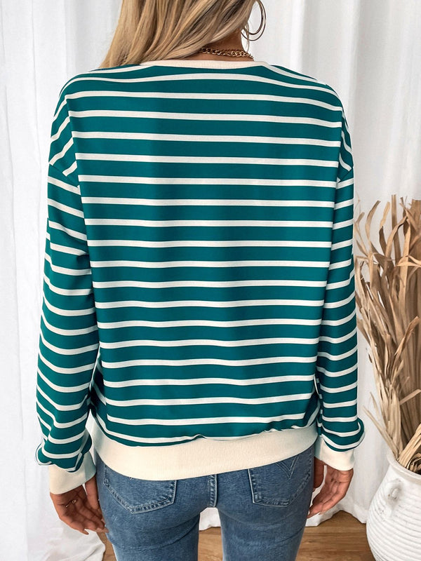 Perfee striped contrast long sleeve sweatshirt, round neck, polyester material.