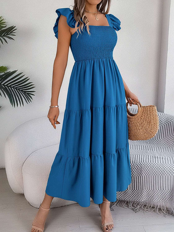Smocked square neck cap sleeve midi dress in blue, 95% polyester and 5% elastane, machine washable.