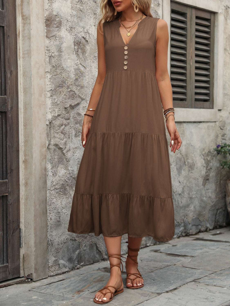 Ivy Lane sleeveless dress with decorative buttons, notched neckline, brown color, cotton fabric.