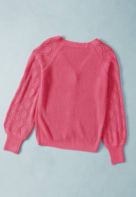 Openwork V-Neck Button Up Cardigan, pink, featuring buttoned design and textured pattern.