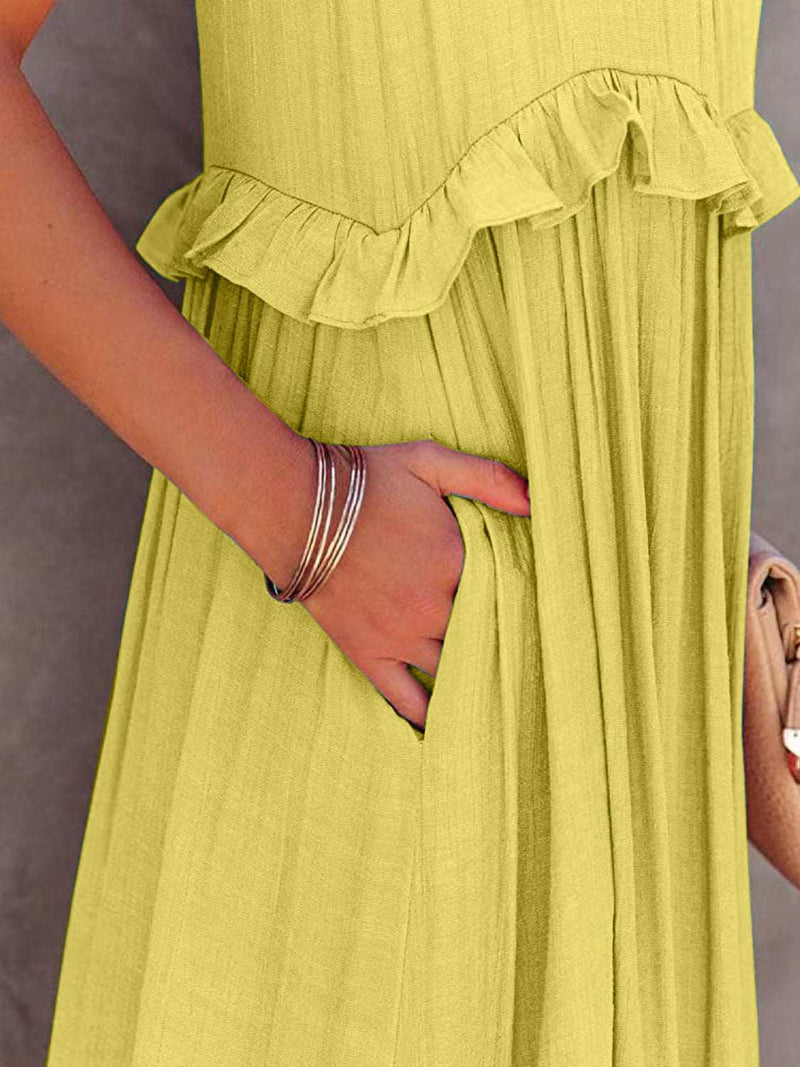 Ruffled sleeveless tiered maxi dress with pockets in yellow.