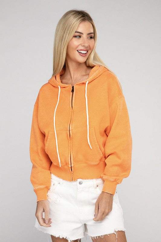 Acid Wash Fleece Cropped Zip-Up Hoodie with drawstring hood in orange.
