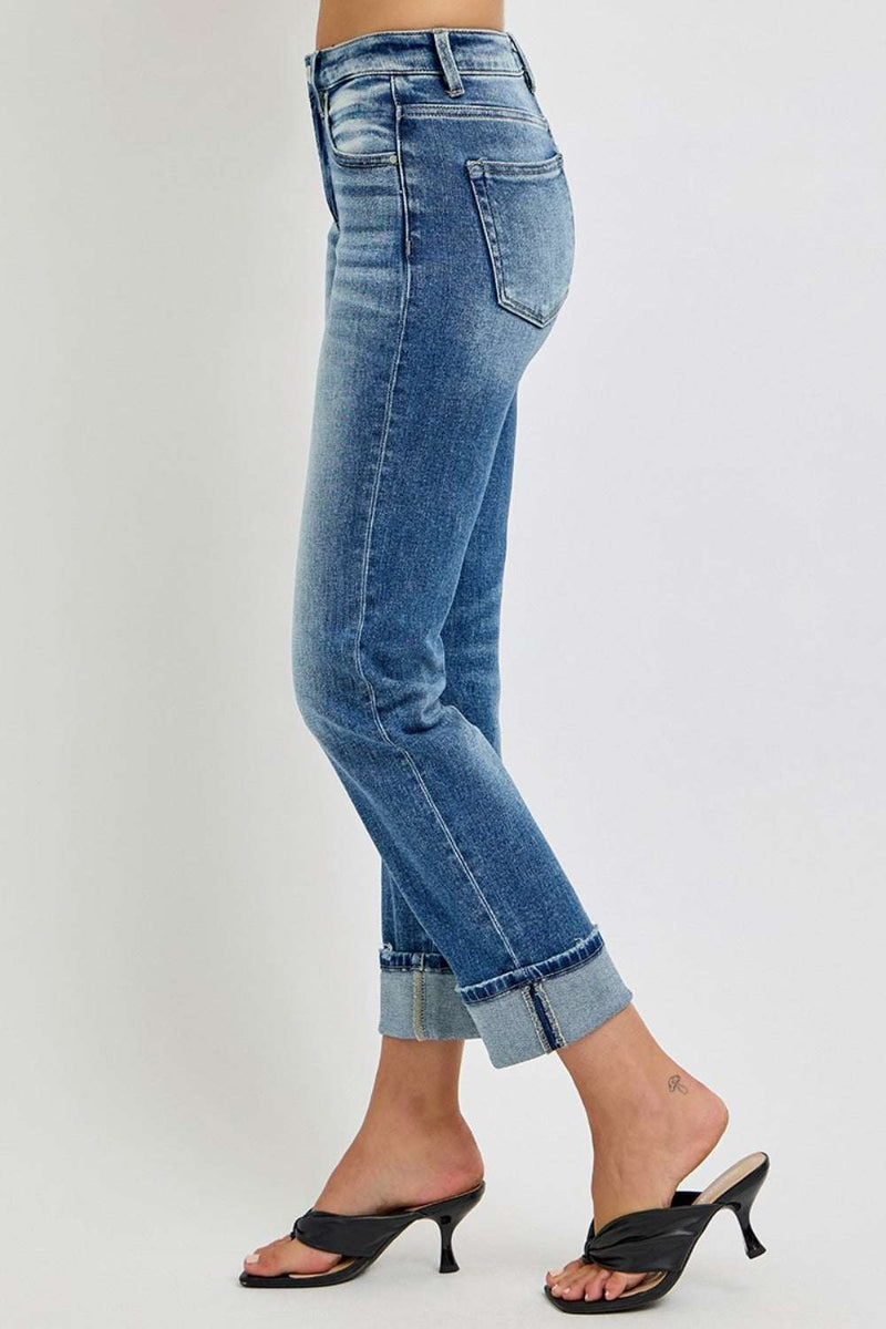 RISEN Full Size High Rise Crop Straight Roll Up Jeans on model with heels.