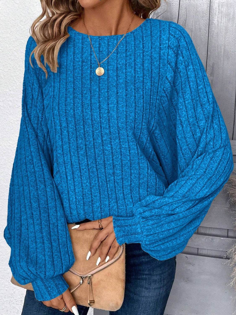 Plus Size Round Neck Batwing Sleeve T-Shirt in blue, slightly stretchy polyester-spandex material.