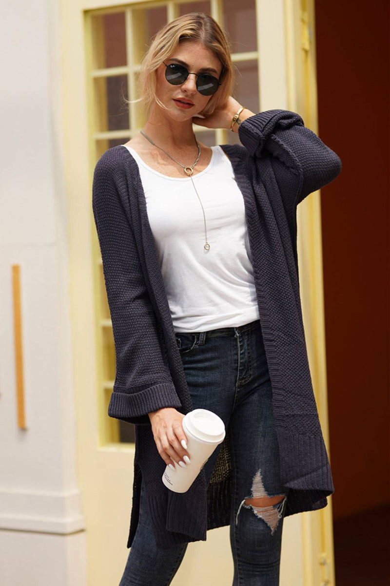 woman wearing open front long sleeve cardigan