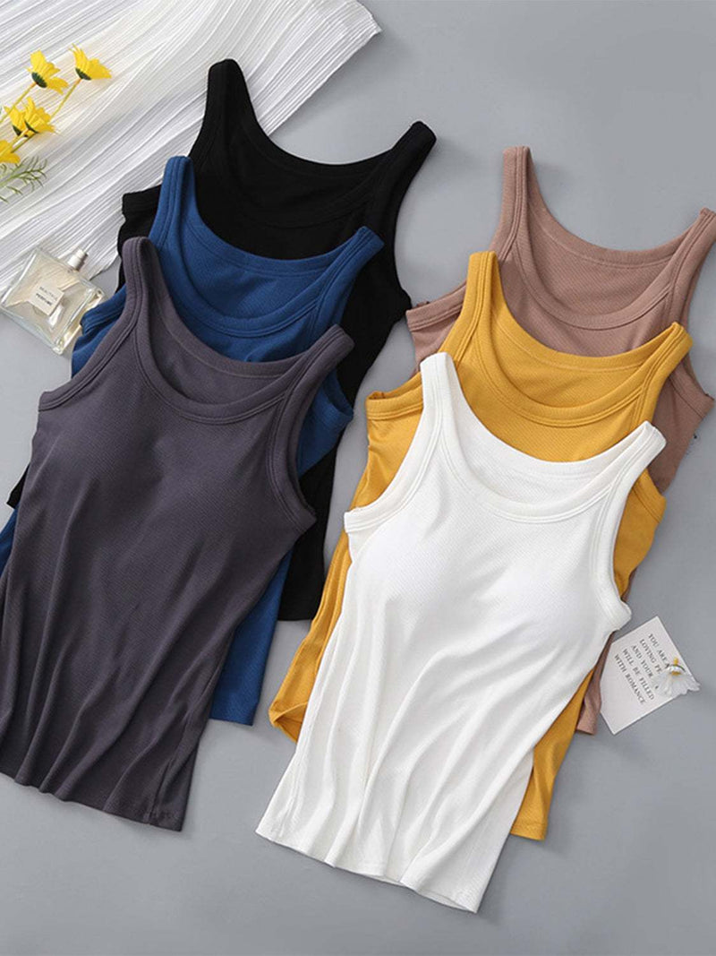 Round neck tank tops in various colors with built-in bra, 95% viscose, 5% spandex.