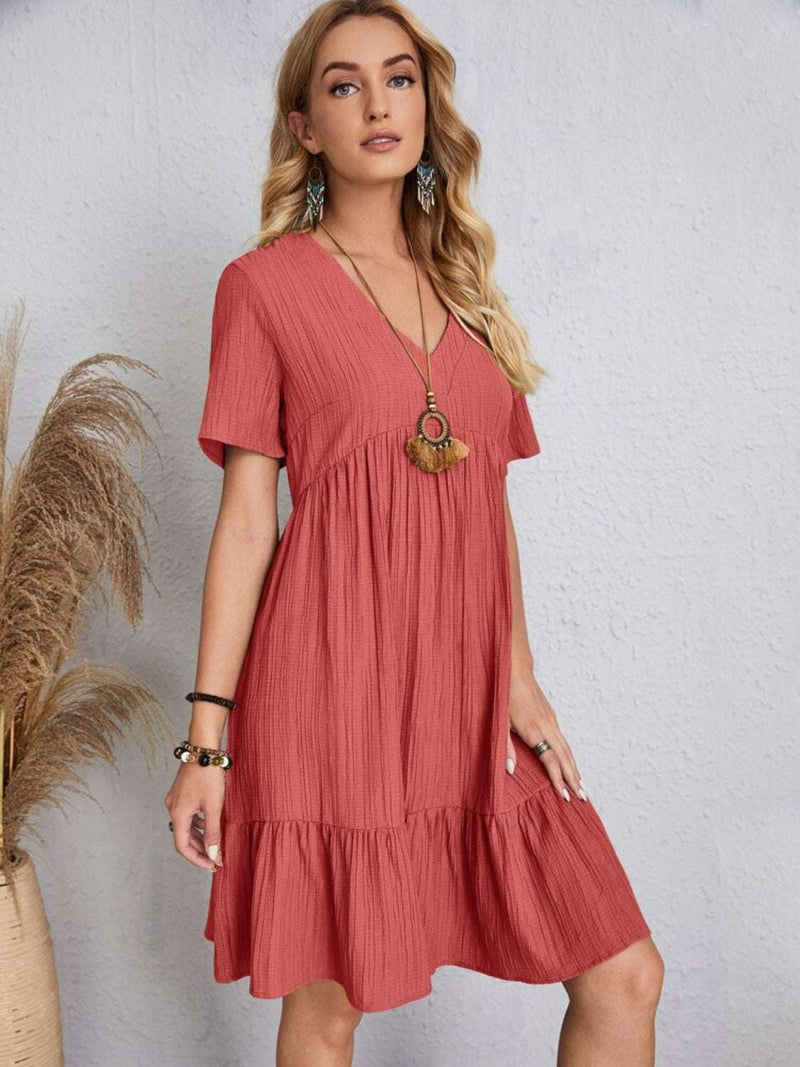 Full size V-neck short sleeve dress in red.