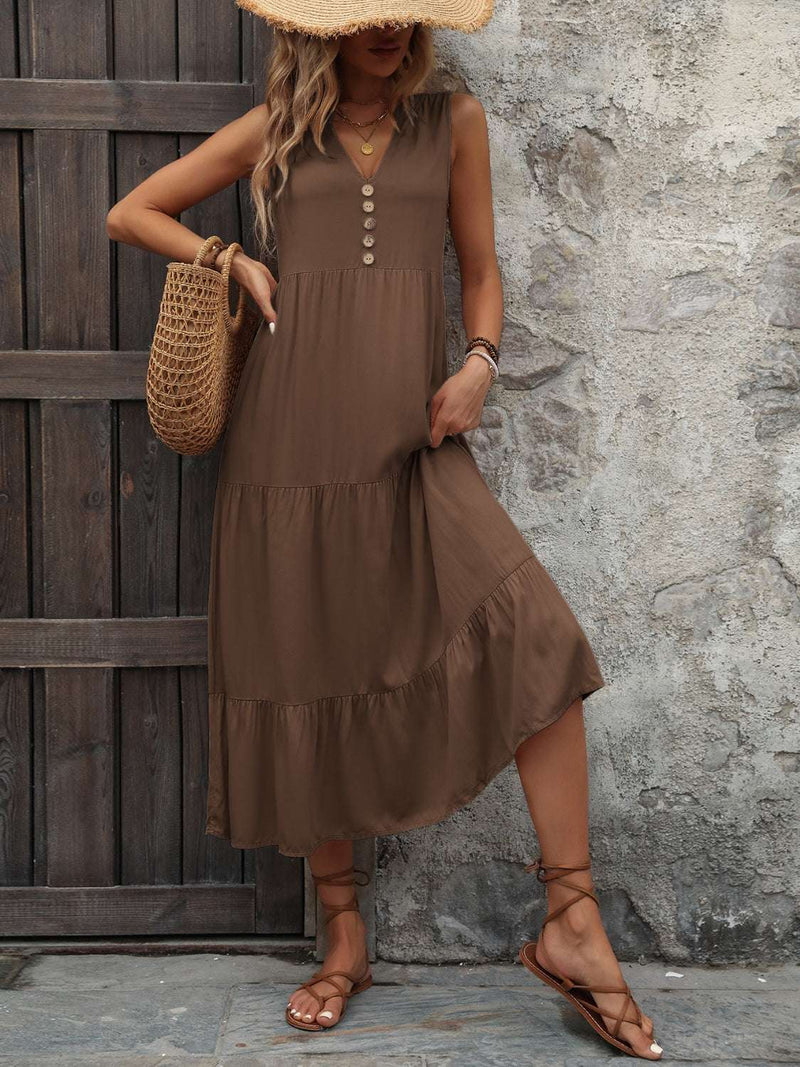 Ivy Lane decorative button notched sleeveless dress with woven tote and sandals.