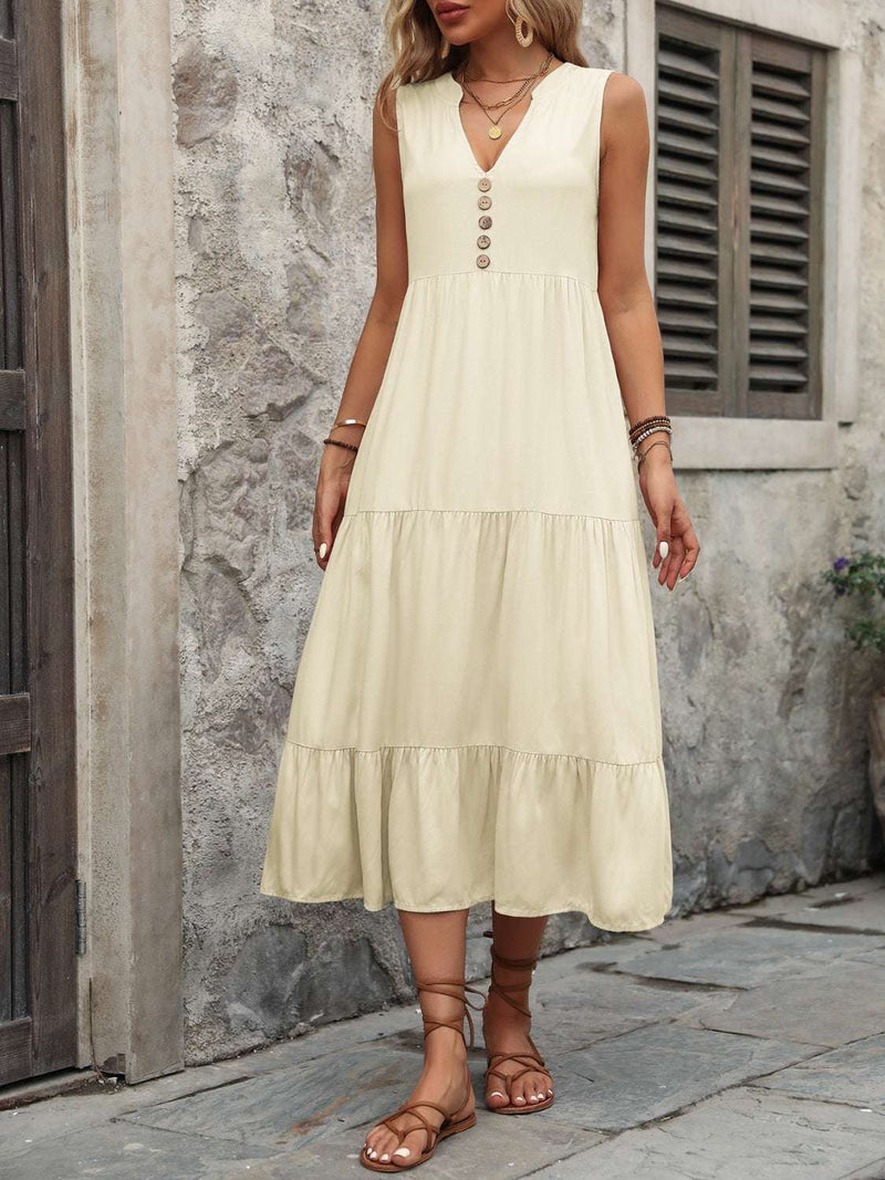 Ivy Lane Decorative Button Notched Sleeveless Dress in beige with tiered design and ankle-length hem.