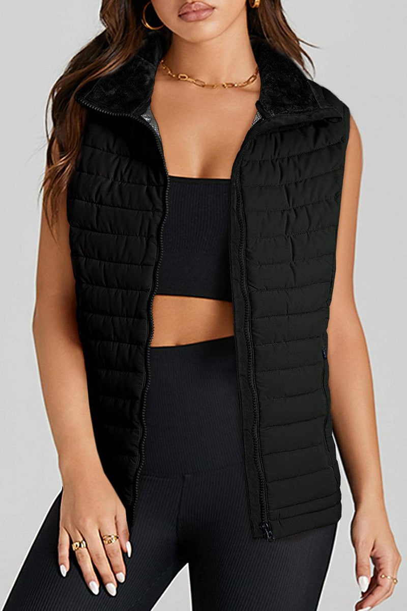 Black Plush Collared Quilted Zipped Puffer Vest with plush collar and zip closure.