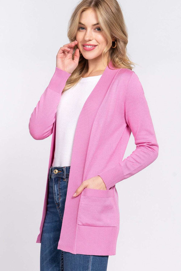 ACTIVE BASIC Ribbed Trim Open Front Cardigan in pink, perfect for layering with jeans and a tee.