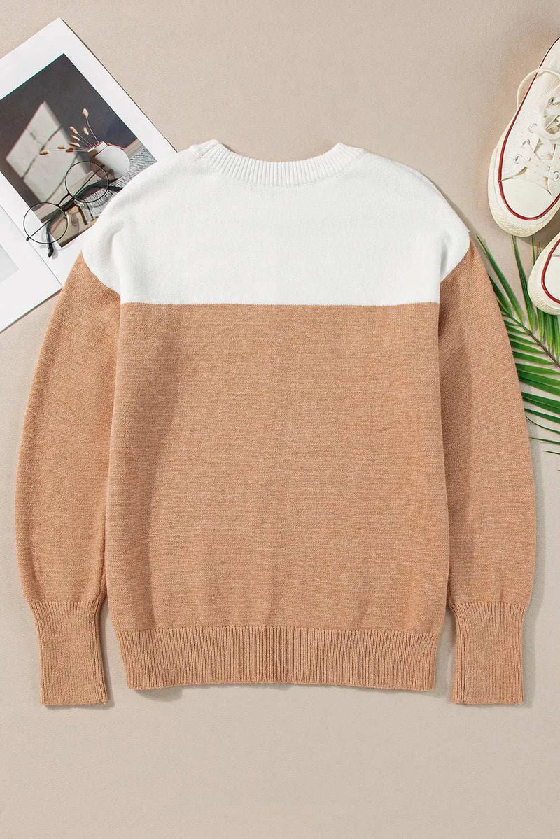 Color block round neck long sleeve sweater in white and brown.