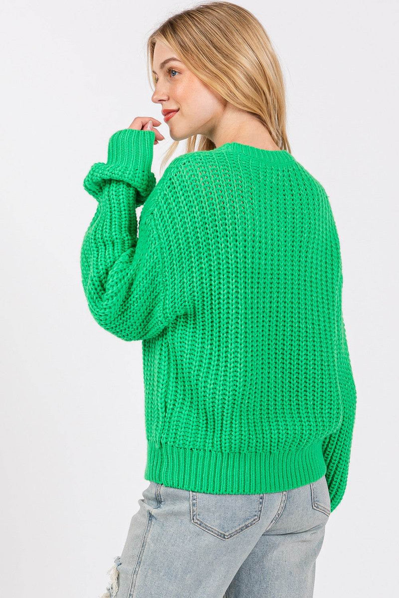 SAGE + FIG green round neck drop shoulder sweater, cozy and stylish knitted pullover with ribbed detailing.