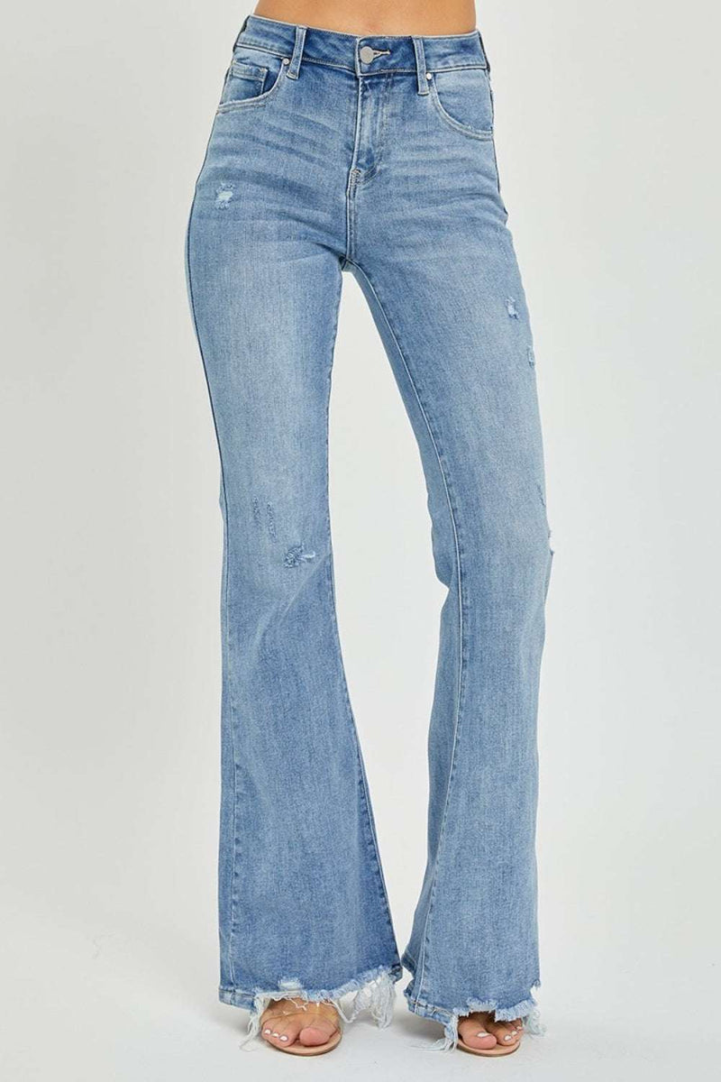Risen Full Size High Rise Frayed Hem Flare Jeans for women, stylish denim fashion.