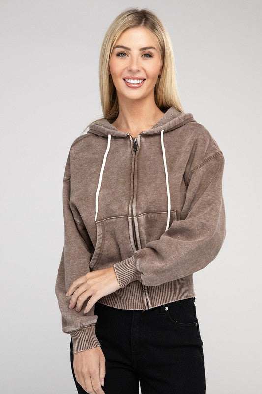 Acid wash fleece cropped zip-up hoodie with drawstring hood and pockets.