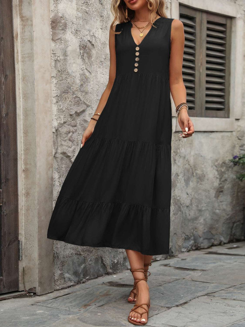 Ivy Lane decorative button notched sleeveless dress, black, 100% cotton, slightly stretchy, long length.