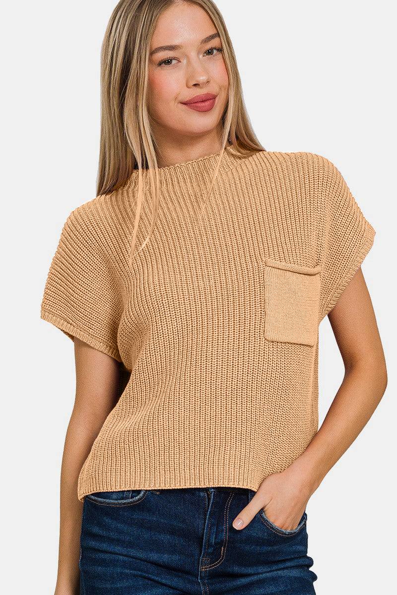 Zenana mock neck short sleeve cropped sweater in beige knit fabric.