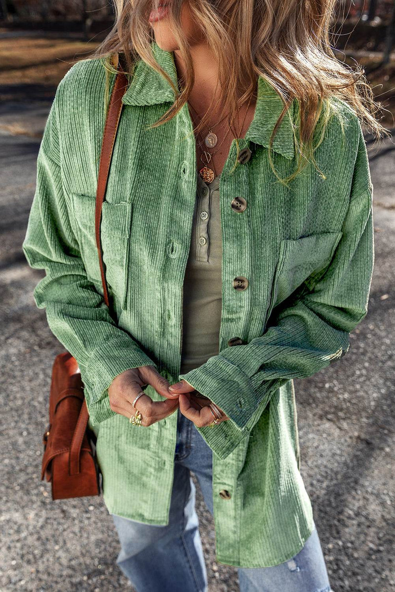 Mist Green Patched Pocket Button Up Corduroy Shacket featuring stylish pockets and button-up front.