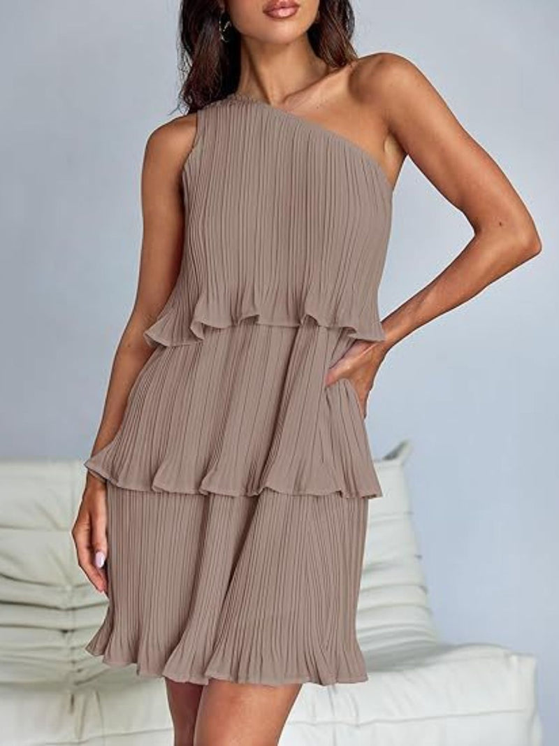 Layered single shoulder mini dress, ruffled design, slightly stretchy, polyester material.