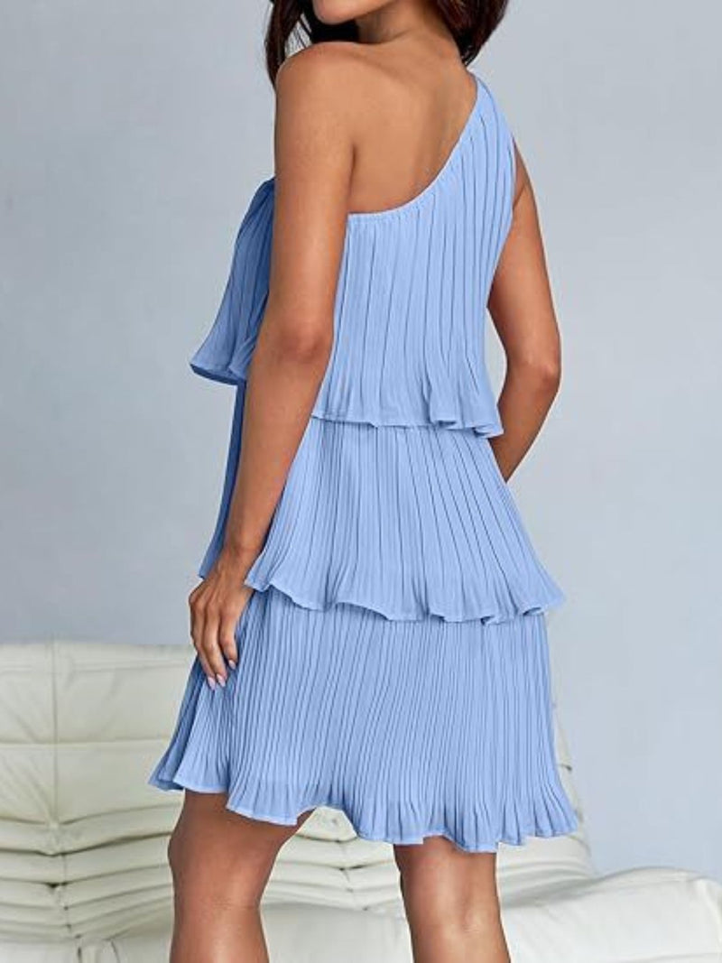 Layered single shoulder mini dress, ruffled, opaque, polyester, blue.