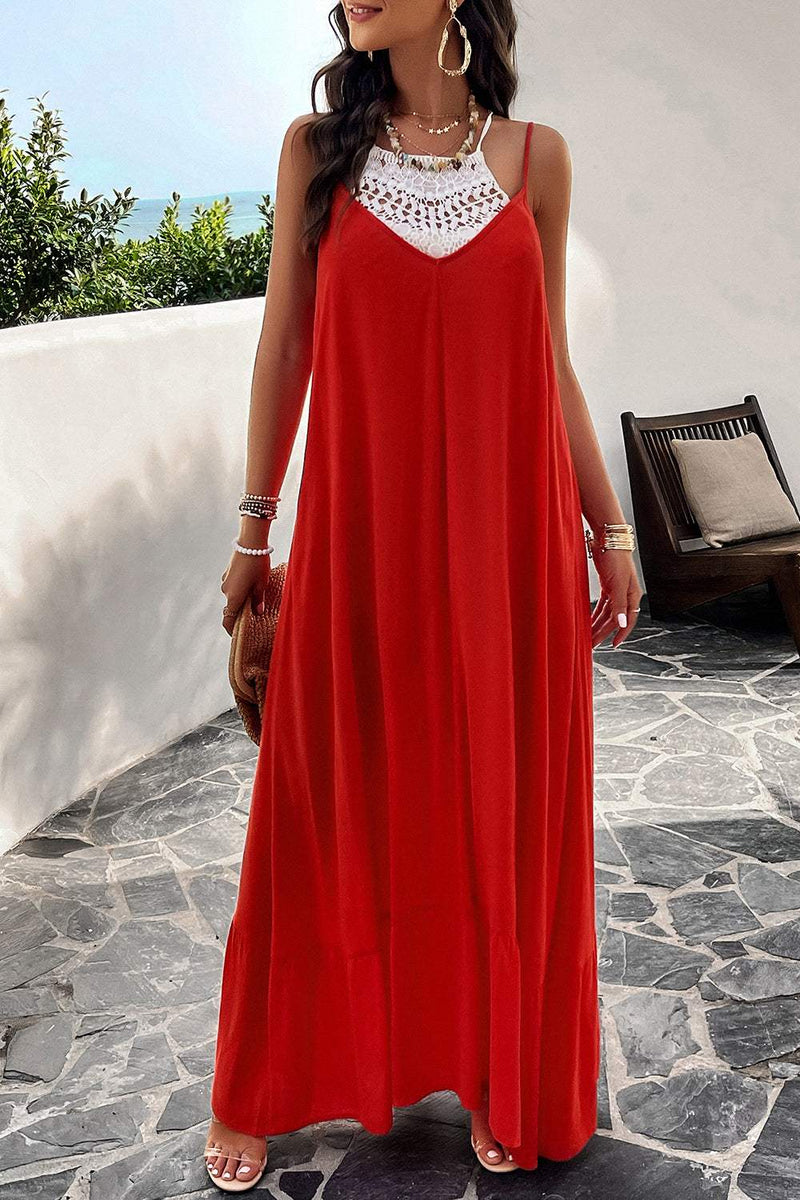 Devine Backless Maxi Cami Dress, red with pockets, slightly stretchy viscose fabric.