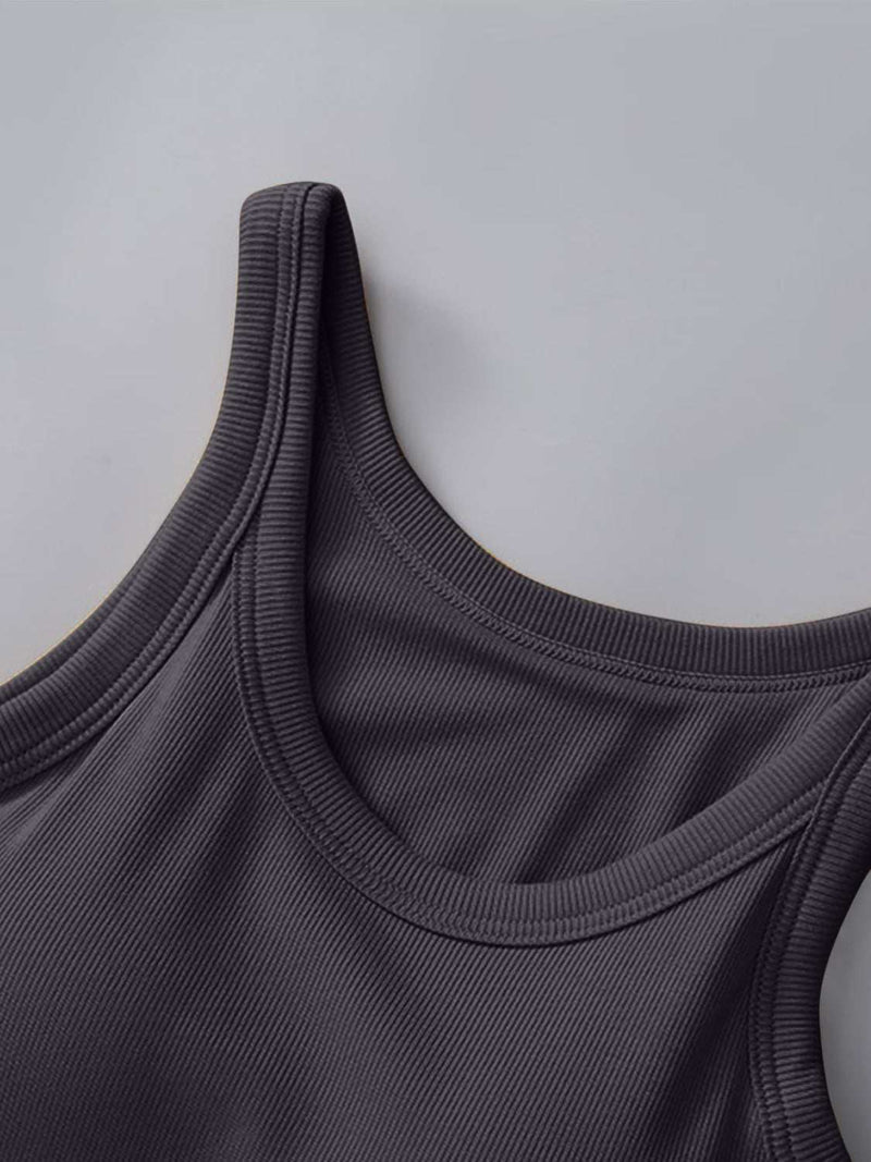 Round neck tank with bra in dark gray fabric, moderate stretch.