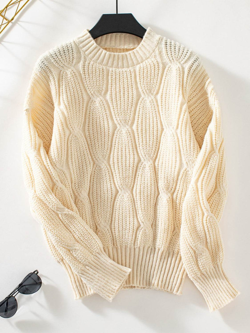 Round Neck Dropped Shoulder Sweater in cream color, slightly stretchy knit.