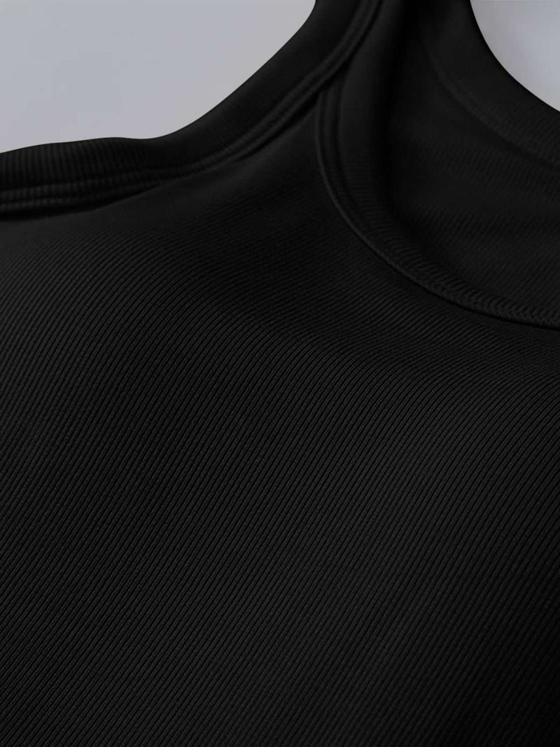 Black round neck tank with moderate stretch material.