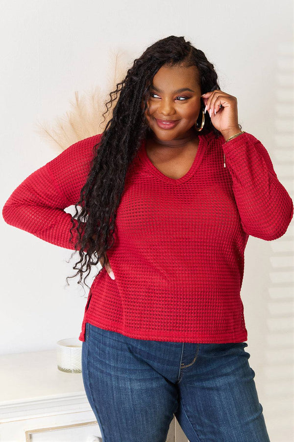 Culture Code Full Size Wide Notch Relax Top in red, waffle-knit design.