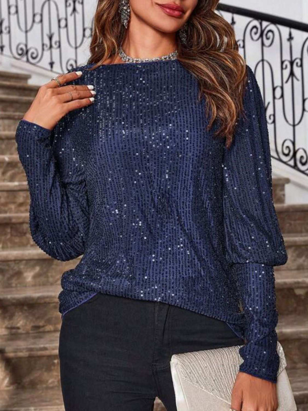 Sequin boat neck long sleeve top in navy blue