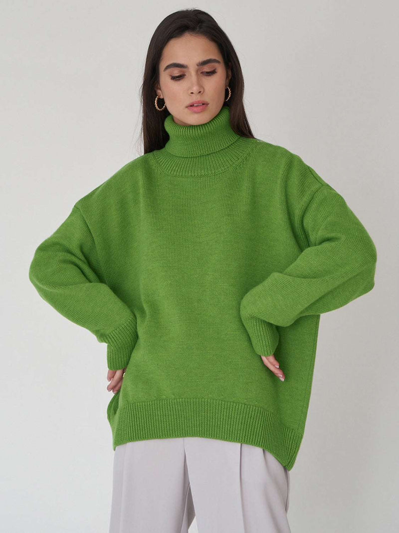 Green turtleneck long sleeve sweater, slightly stretchy, made of viscose, polyester, and nylon.