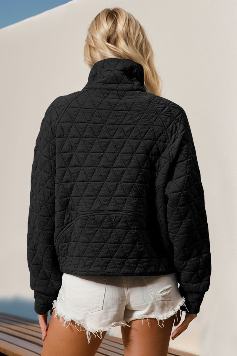 Half zip long sleeve quilted sweatshirt with pocket, black, women's fashion.