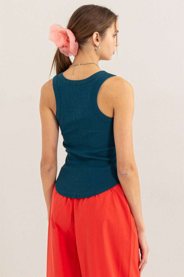 HYFVE Ribbed Scoop Neck Racerback Tank in navy, side-back view