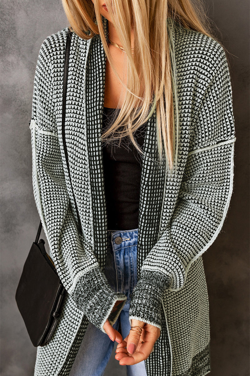 Apricot Plaid Knitted Long Open Front Cardigan