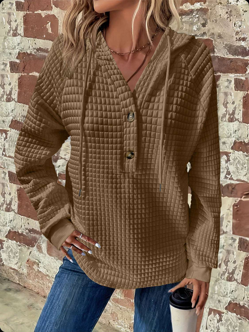 Full size texture button detail drawstring long sleeve hoodie in brown.